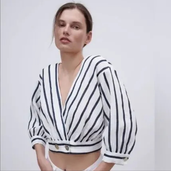 Zara Tops - Zara Navy Blue White Striped Nautical Bubble Sleeve 100% Linen Crop Top M